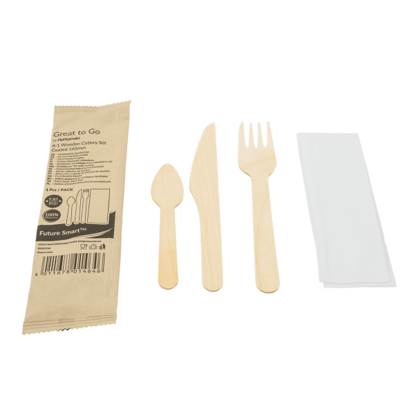 Future Smart™ Set Holzmesser, -gabel und -dessertlöffel beschichtet inkl. Serviette